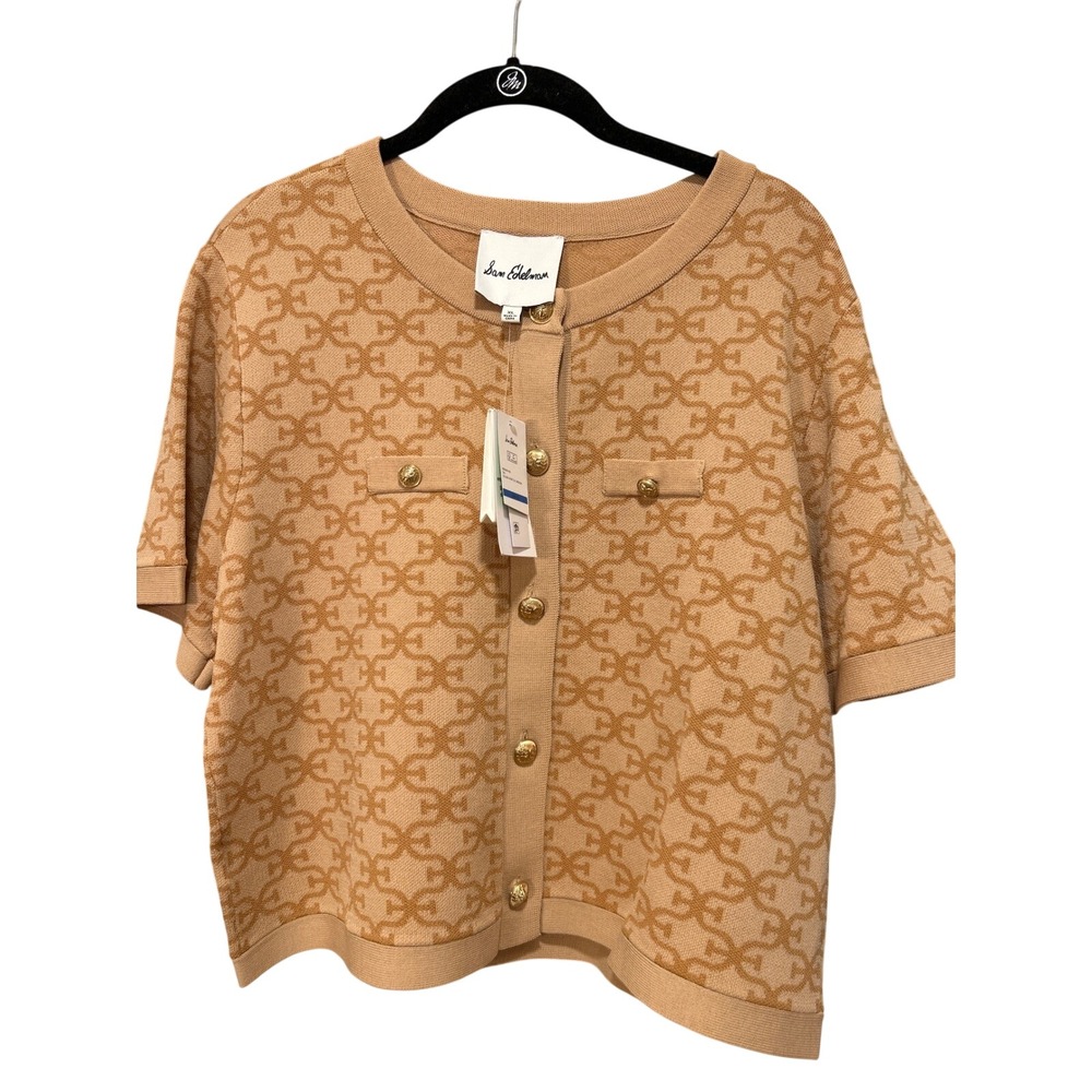 Sam Edelman Colleen Short Sleeve Cardigan Sweater Tan Monogram Gold Button XL